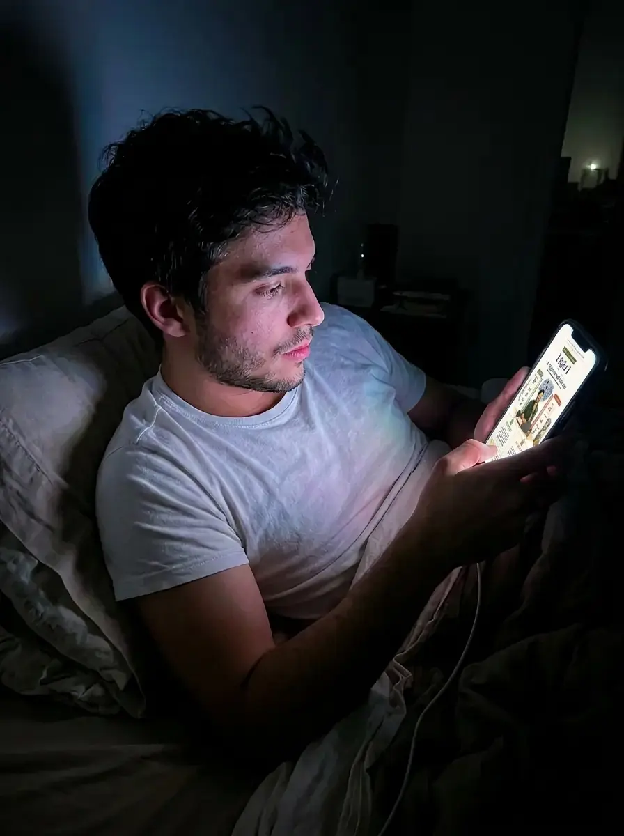 Homem lendo o Estoico Diário à noite